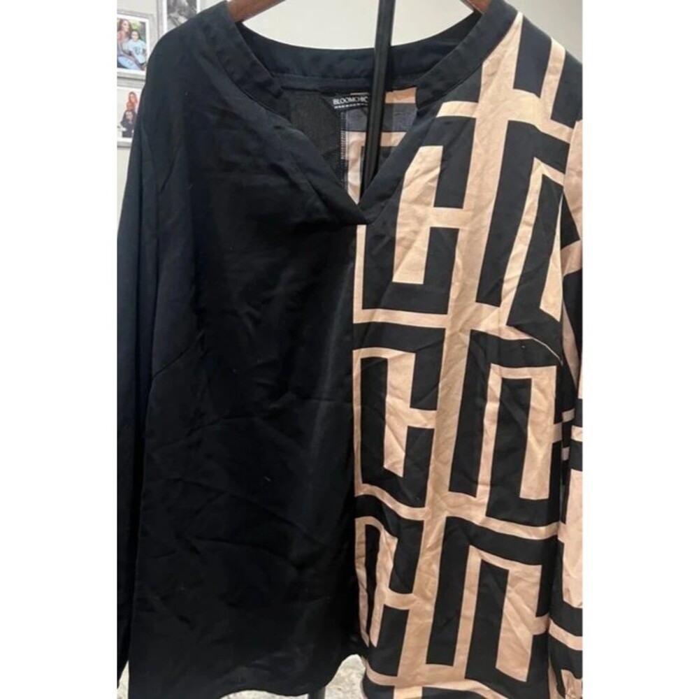 Bloomchic Black & Tan Geometric Print Long Sleeve Blouse Plus Size 18–20